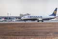Ryanair airlines aircraft departs from Boryspil international airport. Modern passenger airplane rolling on the runway before