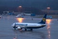 Ryanair airplane at ground cologne bonn airport germany in the rain