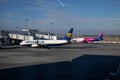 Ryanair Boeing 737-8AS EI-EKT and WizzAir Airbus A320 HA-LWK airplanes at Budapest international airport together. stock photo