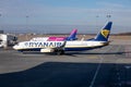 Ryanair Boeing 737-8AS EI-EKT and WizzAir Airbus A320 HA-LWK airplanes at Budapest international airport together. stock photo