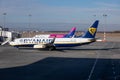 Ryanair Boeing 737-8AS EI-EKT and WizzAir Airbus A320 HA-LWK airplanes at Budapest international airport together. stock photo Royalty Free Stock Photo