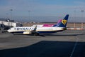 Ryanair Boeing 737-8AS EI-EKT and WizzAir Airbus A320 HA-LWK airplanes at Budapest international airport together. stock photo