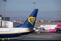 Ryanair logo on Boeing 737-8AS EI-EKT and WizzAir Airbus A320 HA-LWK airplanes at Budapest international airport together. stock