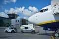 Ryanair plane in airport Balice Krakow. Getting, journey. Royalty Free Stock Photo