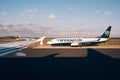 Ryanair plane on a takeoff strip at the airport