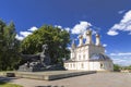 . Ryazan. A monument to famous Russian poet Sergey Yesenin and the Church of our Saviour on Yar Savior on the Yar