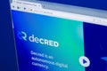 Ryazan, Russia - March 29, 2018 - Homepage of Decred crypto currency on the PC display, web address - decred.org.