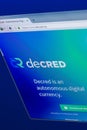 Ryazan, Russia - March 29, 2018 - Homepage of Decred crypto currency on the PC display, web address - decred.org.