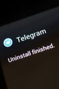 Ryazan, Russia - May 03, 2018: Uninstall Telegram app message window on the display of tablet PC.