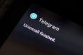Ryazan, Russia - May 03, 2018: Uninstall Telegram app message window on the display of tablet PC.