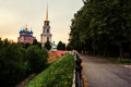 Morning view of Bell tower and Cathedral of Ryazan Kremlin at sunrise, Russia Royalty Free Stock Photo