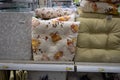 Ryazan, Russia - October 01, 2019: Different styles pillows in a shop