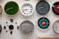 Ryazan, Russia - October 01, 2019: A lot of different wall clocks in a market