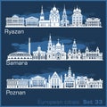 Ryazan, Samara, Poznan - European City skyline set. Vector silhouette on blue. Royalty Free Stock Photo