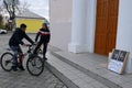 Unknown boys ride bicycles on the street of the city of Ryazhsk. Ryazan region