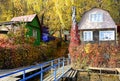 Rybachye, Voronezh, October, 2019. Scenic view of a holiday village with a blue wooden bridge Royalty Free Stock Photo