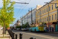 Rybinsk, Russia - August 20, 2021: Provincial cityscape with heritage of architecture in summertime, people and