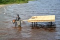 RYBINSK, RUSSIA. The worker-welder works at construction of the mooring in the Rybinsk reservoir. Yaroslavl region