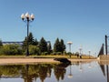 Rybinsk. The Yaroslavl region. Volga embankment. Beautiful lights with reflection in the water