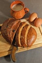 Rye bread, eggs and baked milk for breakfast Royalty Free Stock Photo