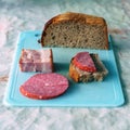 Rye bread, lard and sausage on a cutting board. Rustic natural snack Royalty Free Stock Photo