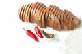 Rye bread with red chili peppers and salt on a white background isolated Royalty Free Stock Photo