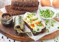 Rye bread sandwich with boiled egg, cheese, freshly ground pepper and daikon or radish sprouts