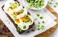 Rye bread sandwich with boiled egg, cheese, freshly ground pepper and daikon or radish sprouts