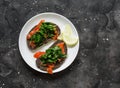 Rye bread sandwich with homemade salted salmon and passivated spinach on a dark background, top view. Delicious tapas Royalty Free Stock Photo