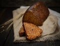 Rye bread and spikes on dark wooden background