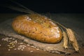 Rye bread with sunflower seeds and flax lies on a wooden rustic table on a dark background. Royalty Free Stock Photo