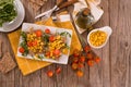 Rye bread with sweet  corn, basil and tomato. Royalty Free Stock Photo