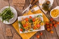 Rye bread with sweet  corn, basil and tomato. Royalty Free Stock Photo
