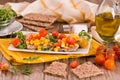 Rye bread with sweet  corn, basil and tomato. Royalty Free Stock Photo