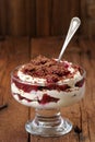 Rye bread tiramisu with cherries, chocolate and silver spoon on