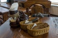 Rye bread in wicker baskets on the table and Cutlery in the restaurant