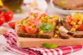 Rye bread withsweet  corn, basil and tomato. Royalty Free Stock Photo
