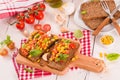Rye bread withsweet  corn, basil and tomato. Royalty Free Stock Photo