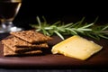 rye crackers leaning against a wedge of old cheddar cheese