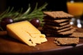 rye crackers leaning against a wedge of old cheddar cheese