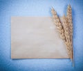 Rye ears vintage blank paper sheet on blue background directly a