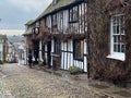 RYE, EAST SUSSEX, ENGLAND - The medieval Mermaid Inn built in Rye in 1420 along cobble stone Mermaid Street, Rye,