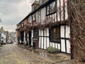 RYE, EAST SUSSEX, ENGLAND - The medieval Mermaid Inn built in Rye in 1420 along cobble stone Mermaid Street, Rye,