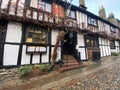 RYE, EAST SUSSEX, ENGLAND - The medieval Mermaid Inn built in Rye in 1420 along cobble stone Mermaid Street, Rye,