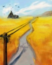 Digital illustration: Path running through the rye field. Electricity poles and wires stretching over the field.