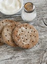 Rye flatbread on rustic light wooden surface. Royalty Free Stock Photo