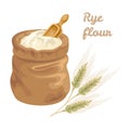 Rye flour in bag with a measured wooden scoop and ears of cereal