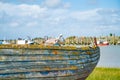 Rye Harbour, East Sussex, England. Old weathered boat sitting in the mud at low tide with seagull caring adult and juvenile