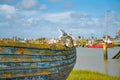 Rye Harbour, East Sussex, England. Old weathered boat sitting in the mud at low tide with seagull caring adult and juvenile