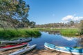 RYLSTONE, AUSTRALIA - NOV, 16, 2020: close shot of several canoes on the shore at dunns swamp in wollemi national park